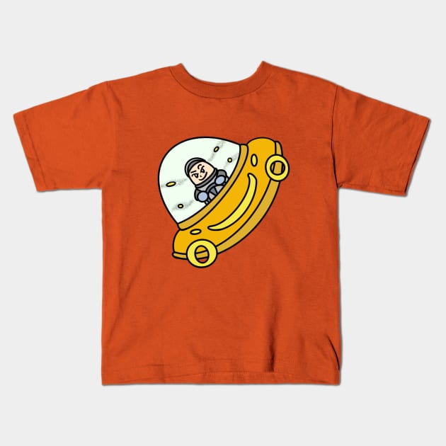 Cartoon boy flying space ship Kids T-Shirt by Andrew Hau